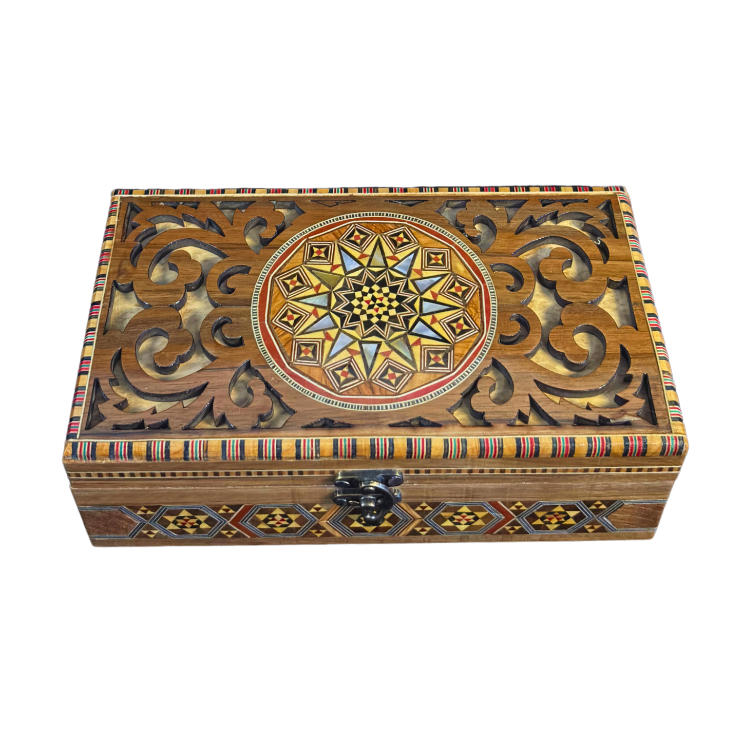 Caja de Mosaico Damasceno Hecha a Mano – Nácar y Talla Artesanal
