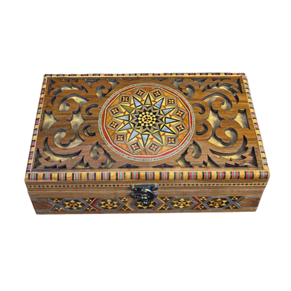 Caja de Mosaico Damasceno Hecha a Mano – Nácar y Talla Artesanal