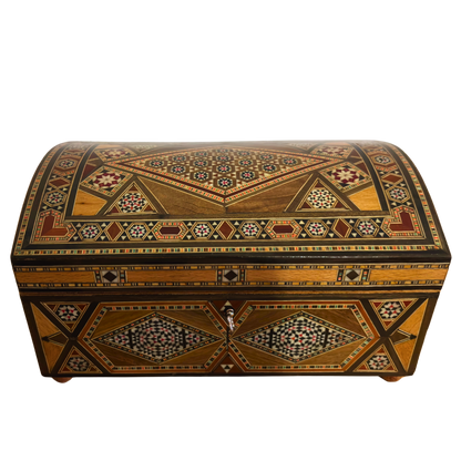 Caja mosaico damascena vintage de 1970 – Multinivel con cerradura y llave | Única en su tipo