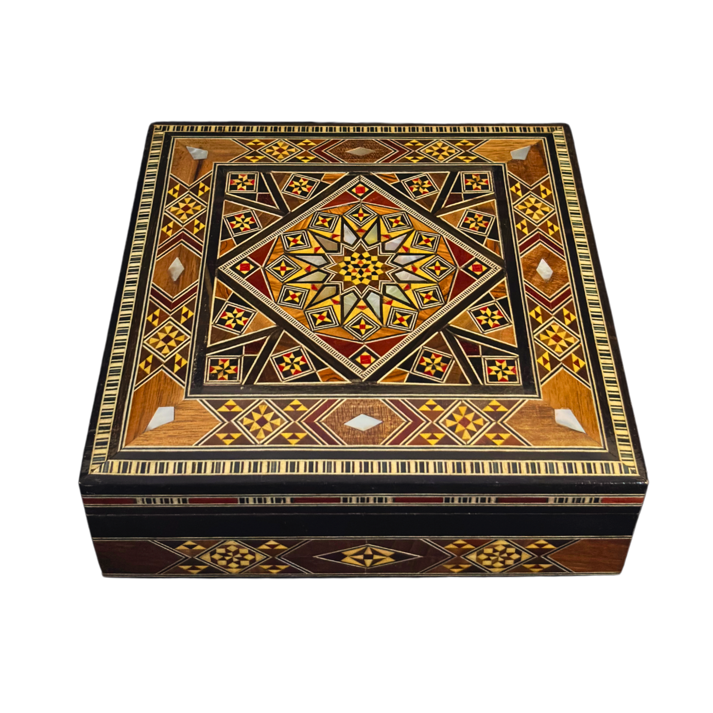 Caja de Mosaico Damasceno Hecha a Mano – Nácar y Terciopelo
