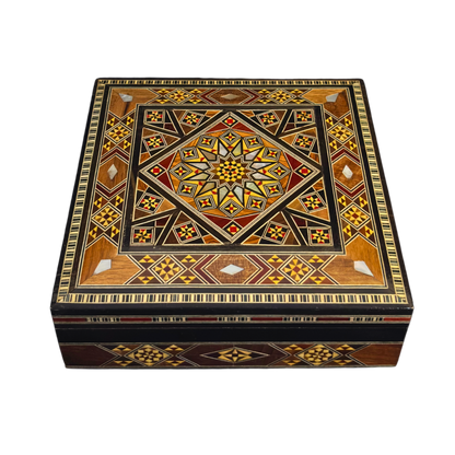 Caja de Mosaico Damasceno Hecha a Mano – Nácar y Terciopelo