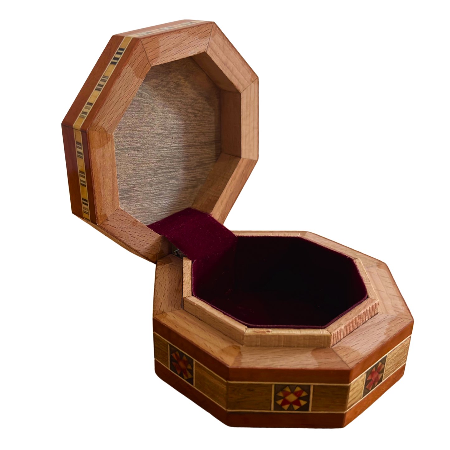 Caja octogonal de mosaico damasceno para joyas – Madera artesanal con incrustaciones de nácar en cálido terracota rústico