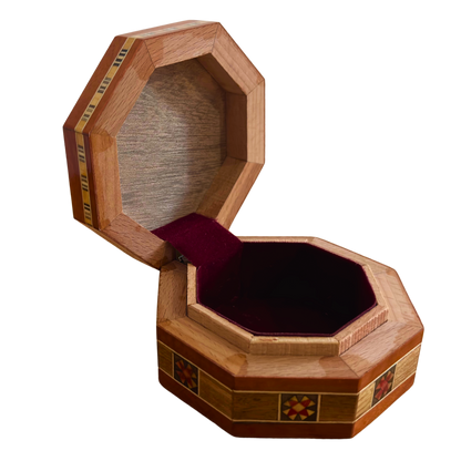 Caja octogonal de mosaico damasceno para joyas – Madera artesanal con incrustaciones de nácar en cálido terracota rústico