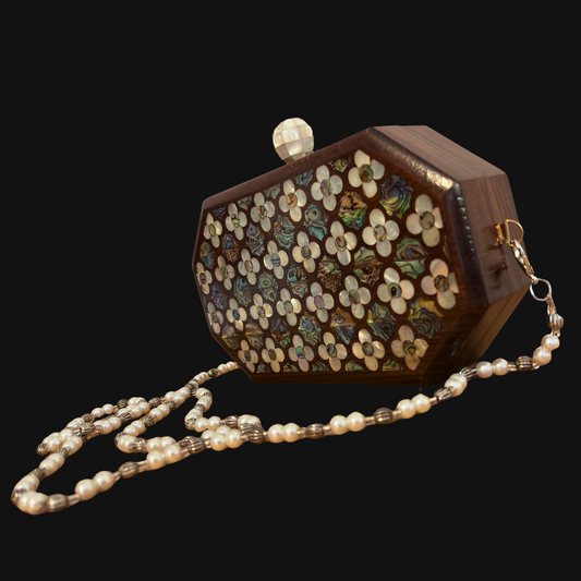 Jouri – Luxury Damascene Clutch with Mother of Pearl Rose Inlay & Pearl Rosary Chain