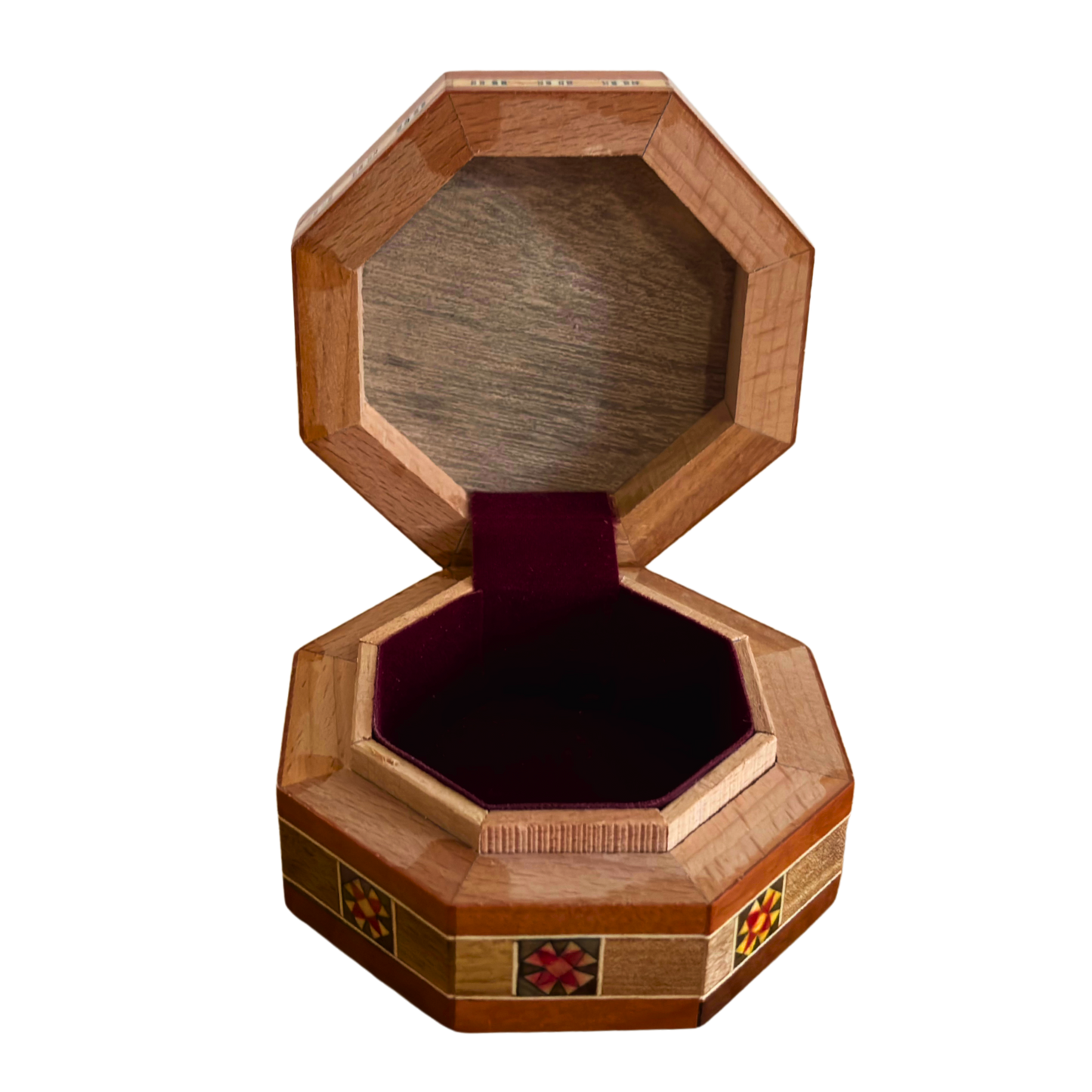 Caja octogonal de mosaico damasceno para joyas – Madera artesanal con incrustaciones de nácar en cálido terracota rústico