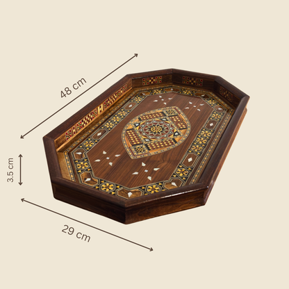 Damast Mozaïek Houten Dienblad – Parelmoer Inleg & Walnoot Afwerking
