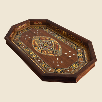 Damast Mozaïek Houten Dienblad – Parelmoer Inleg & Walnoot Afwerking