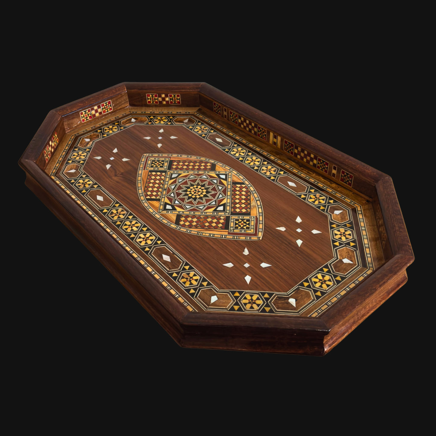 Bandeja Damasquina de Madera – Nácar & Acabado Nogal