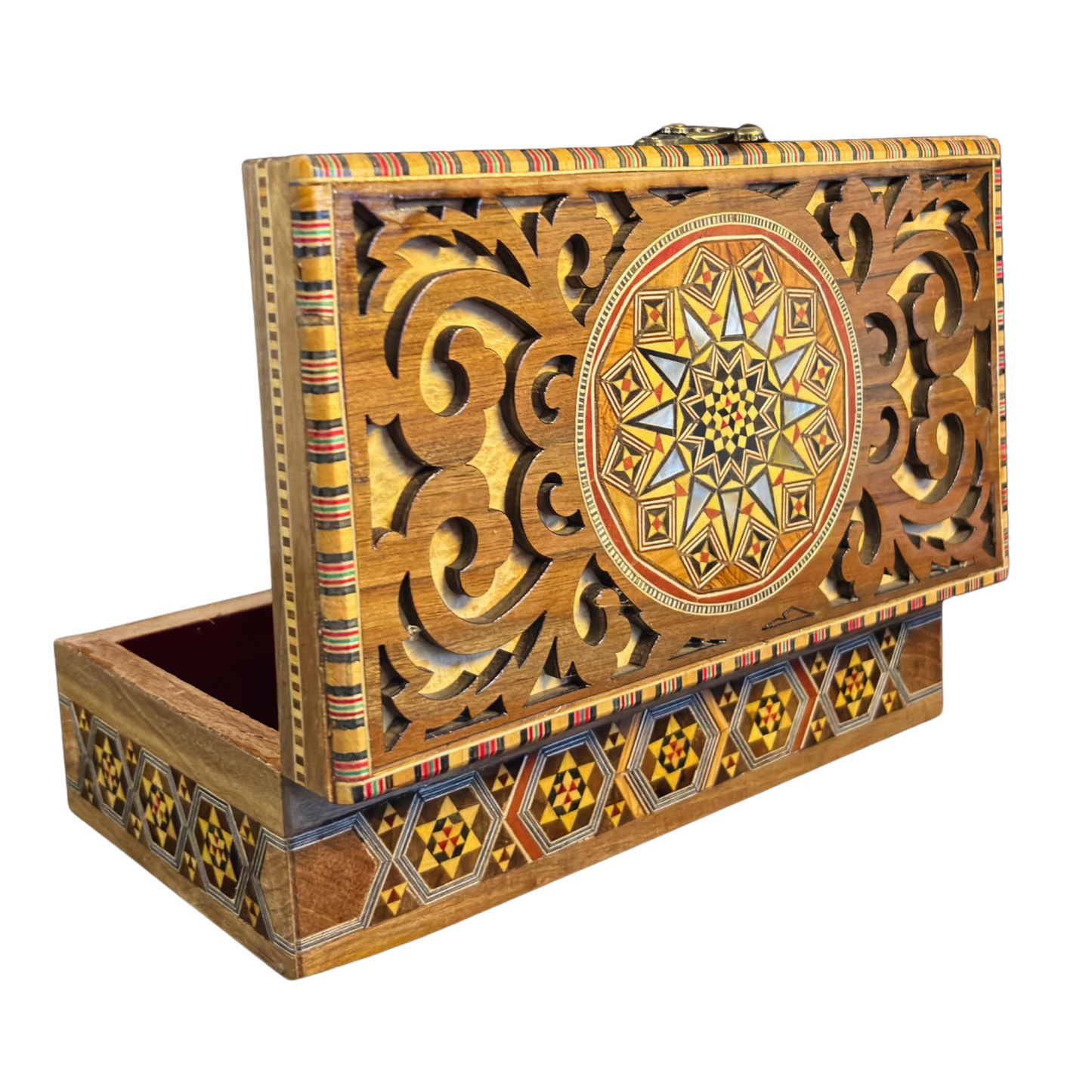 Caja de Mosaico Damasceno Hecha a Mano – Nácar y Talla Artesanal