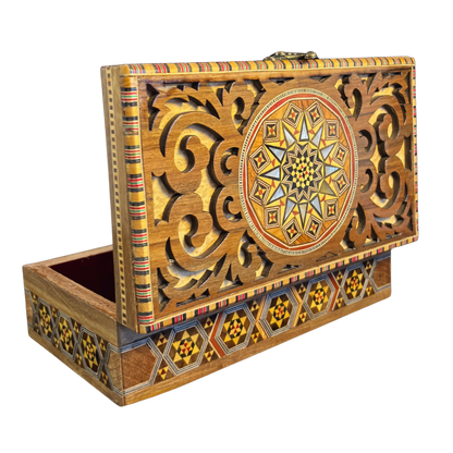 Caja de Mosaico Damasceno Hecha a Mano – Nácar y Talla Artesanal