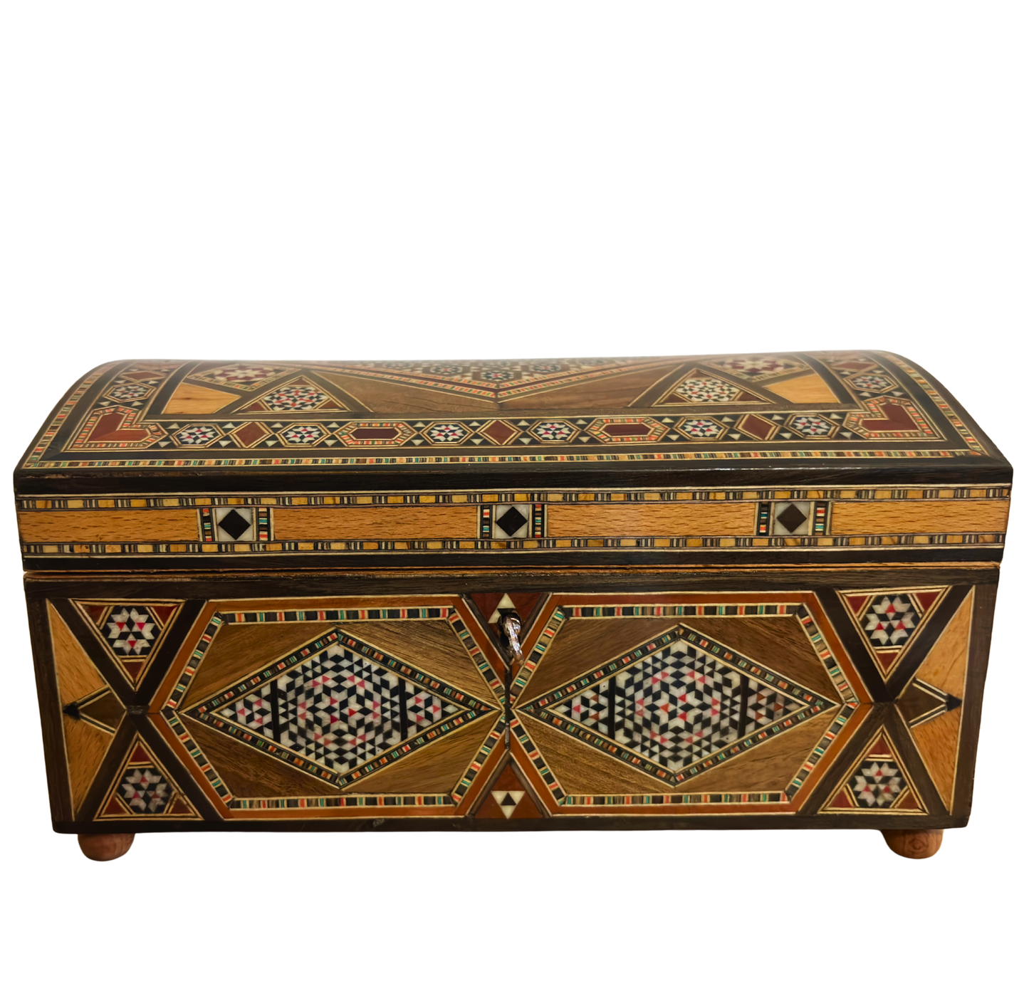 Caja mosaico damascena vintage de 1970 – Multinivel con cerradura y llave | Única en su tipo