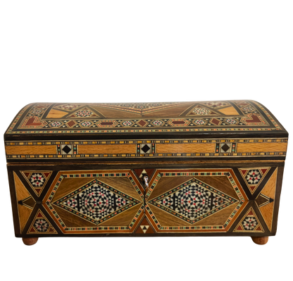 Caja mosaico damascena vintage de 1970 – Multinivel con cerradura y llave | Única en su tipo