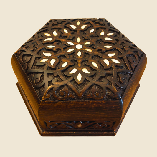 Handgesneden Luxe Doos uit Damascus – Parelmoer & Fluweel
