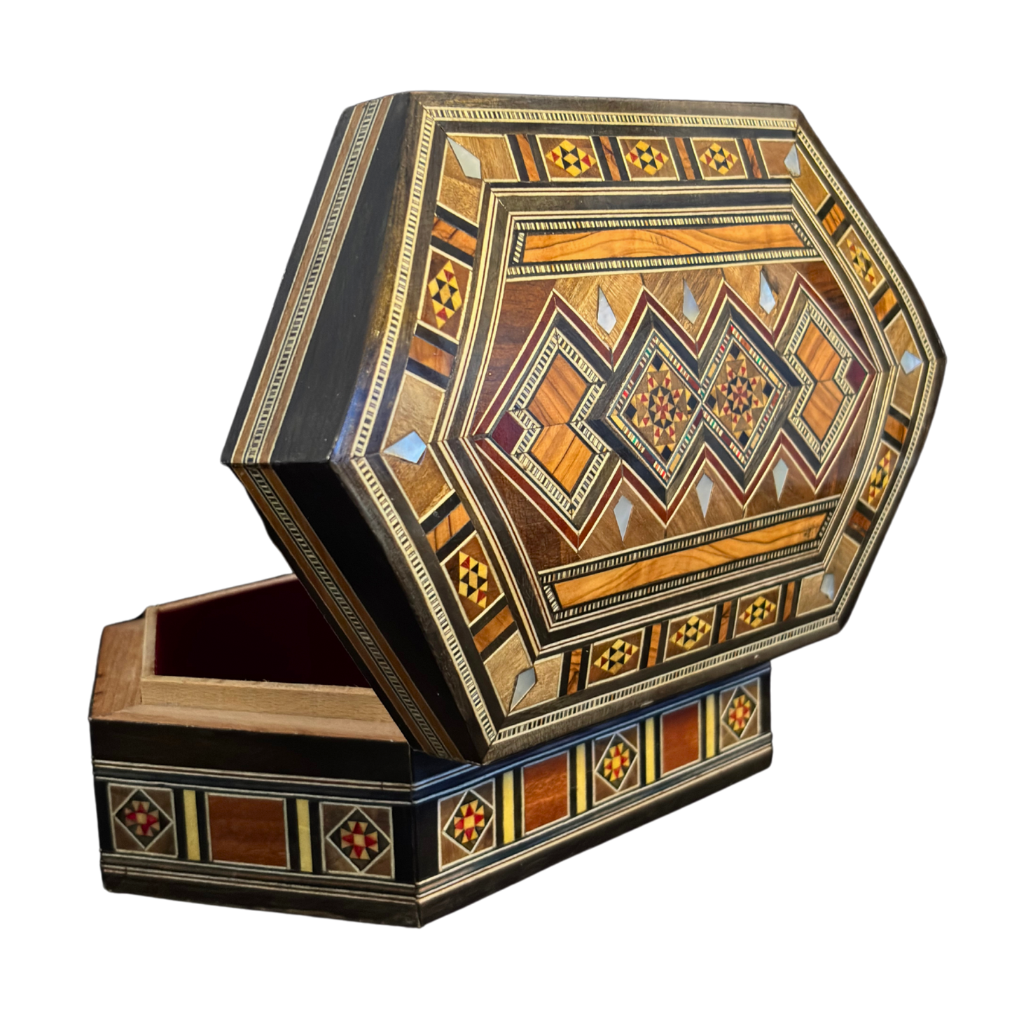 Caja de Mosaico Damasceno Hecha a Mano – Nácar y Terciopelo