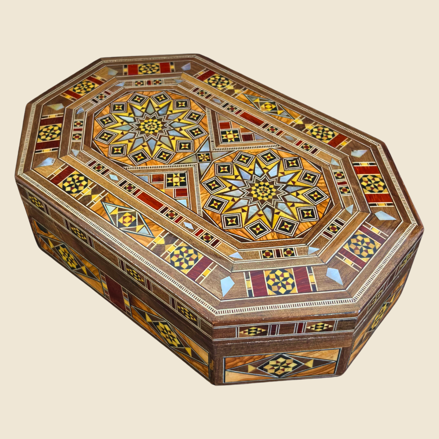 Caja de Mosaico Damasceno Hecha a Mano – Nácar y Terciopelo