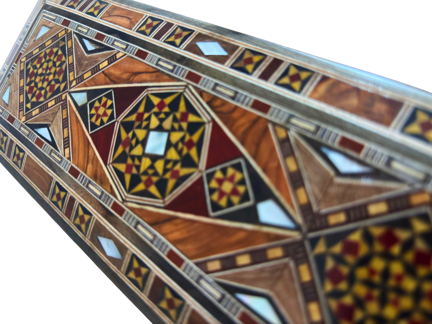 Caja alargada artesanal de mosaico damasceno para bolígrafos y joyas, con incrustación de nácar, artesanía oriental siria
