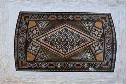 Caja mosaico damascena vintage de 1970 – Multinivel con cerradura y llave | Única en su tipo