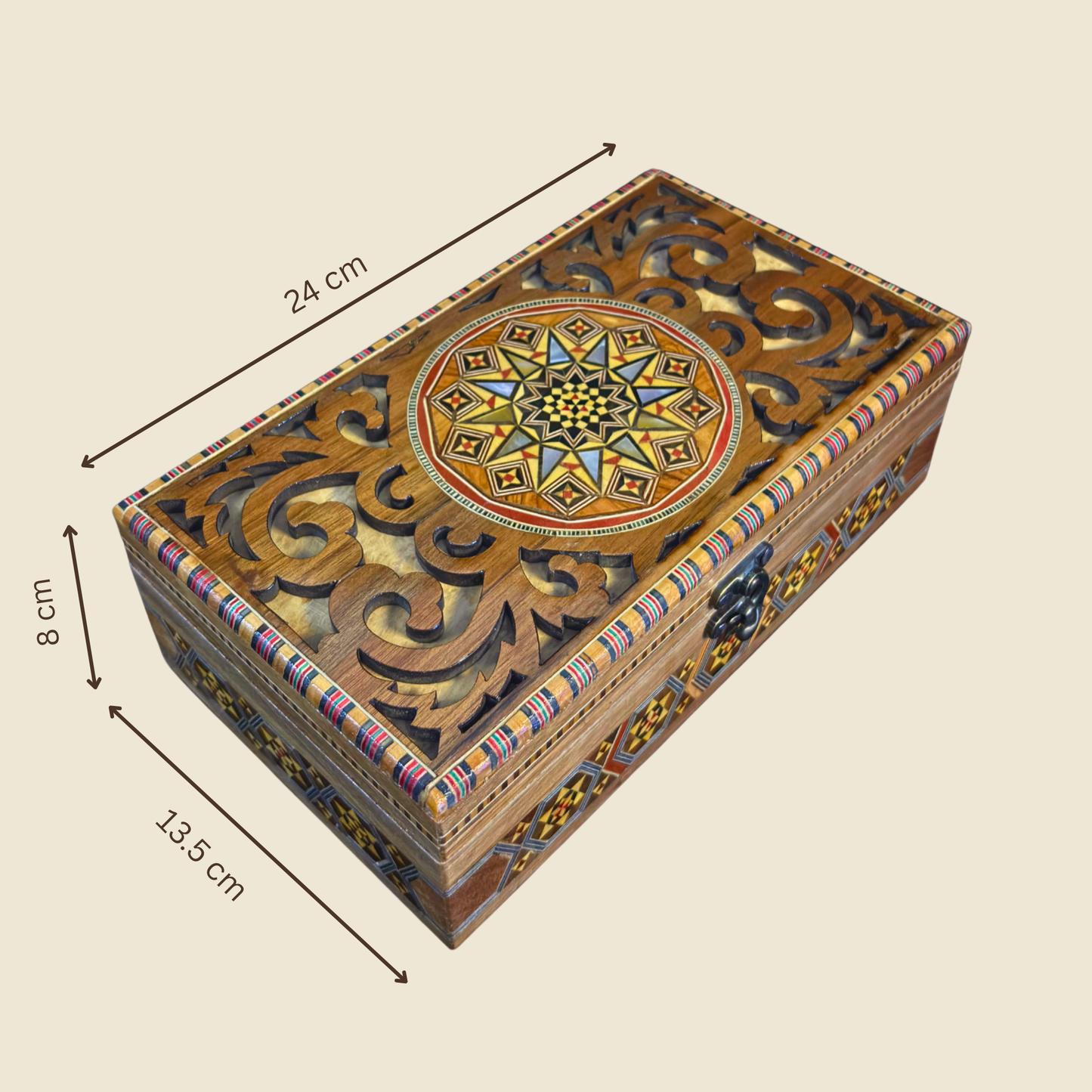 Caja de Mosaico Damasceno Hecha a Mano – Nácar y Talla Artesanal