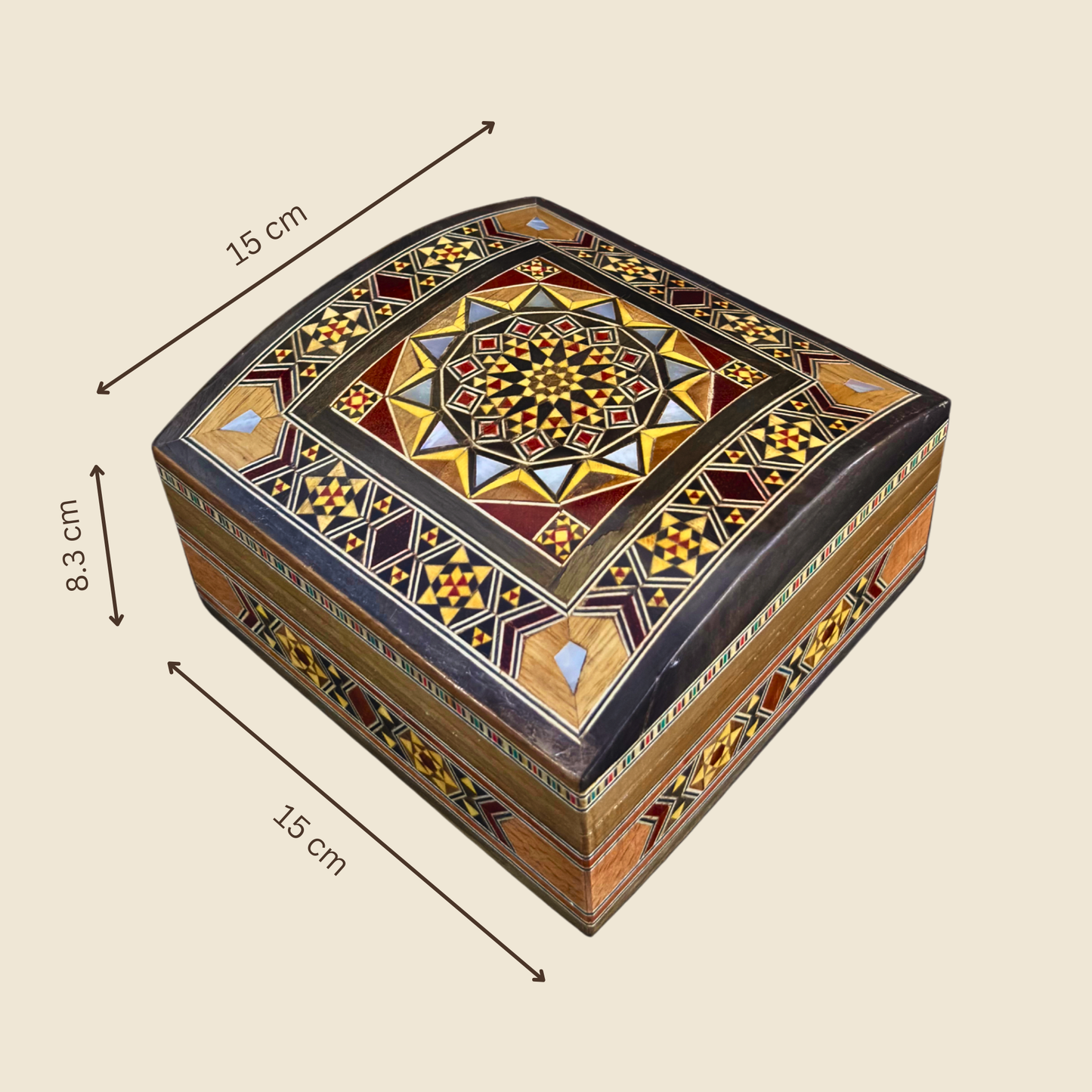 Caja de Mosaico Damasceno Hecha a Mano – Nácar y Terciopelo