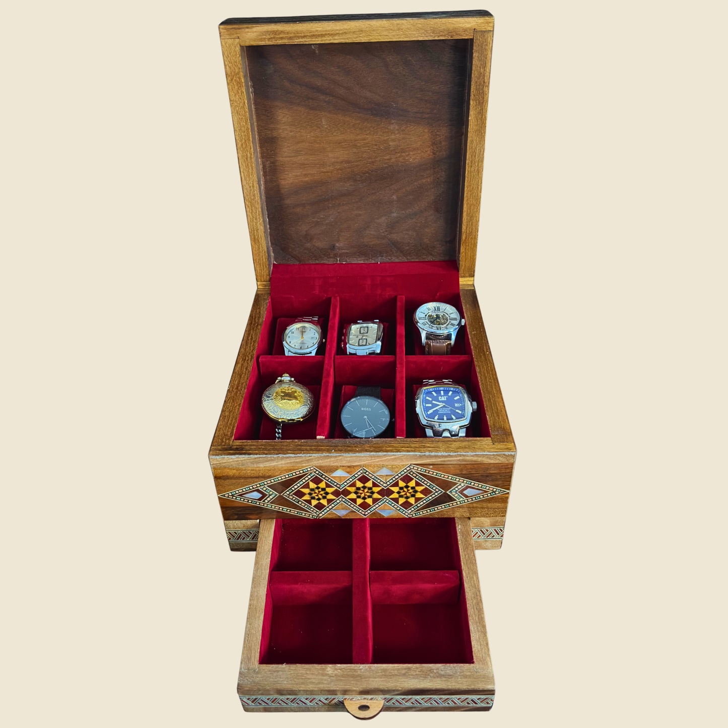 Caja de Relojes de Mosaico Damasceno para 6 Relojes – Nácar y Terciopelo