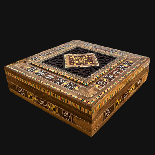 Caja Grande de Mosaico Damasceno – Cofre Cuadrado de Joyería Hecho a Mano con Incrustaciones de Madera Fina y Interior de Terciopelo