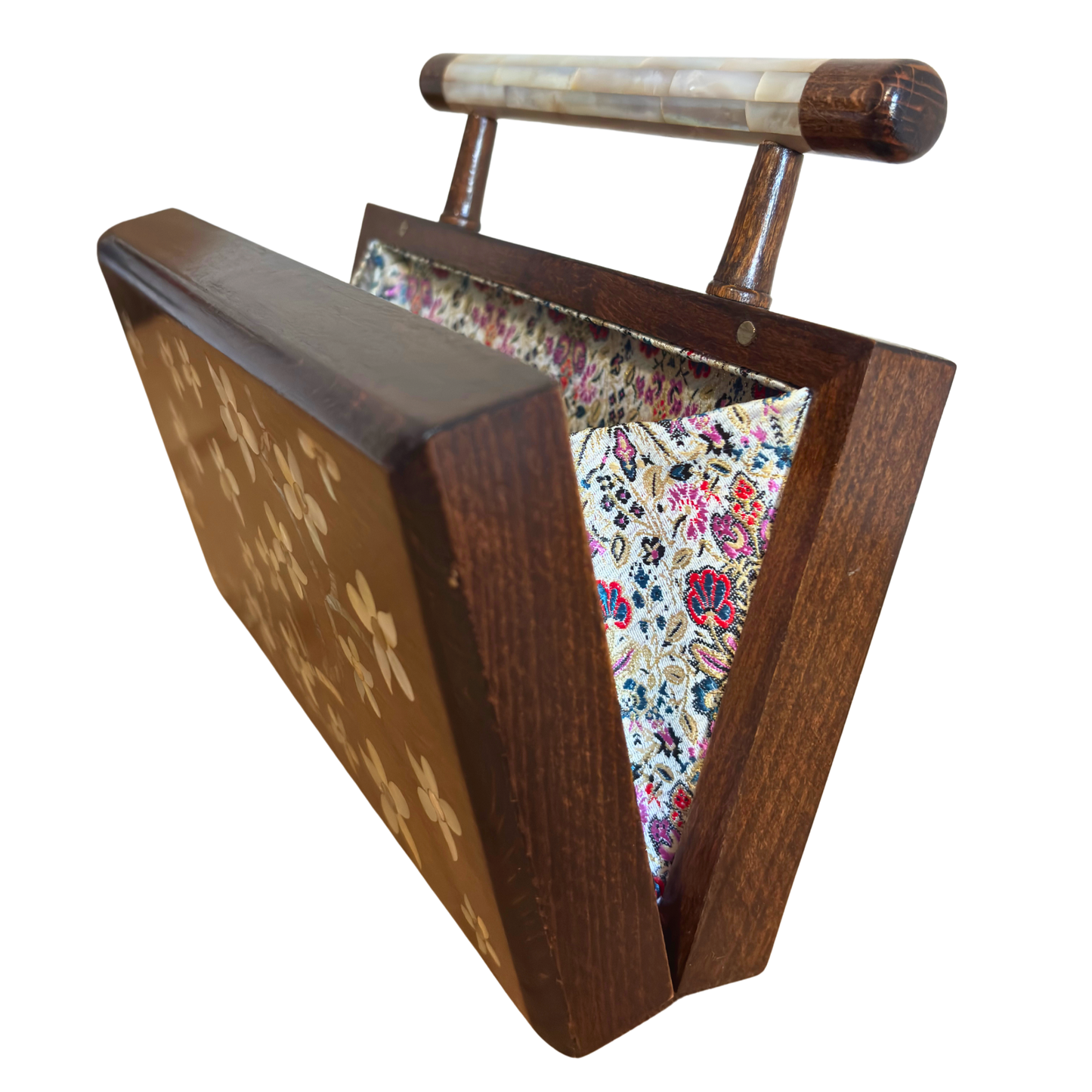 Le Jasmin de Damas – Pochette Damasquine en Noyer avec Incrustations de Nacre et Doublure en Brocart