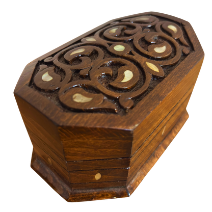 Caja de Madera de Haya Tallada a Mano con Nácar – Elegancia Acabado Nogal