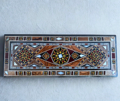 Caja alargada artesanal de mosaico damasceno para bolígrafos y joyas, con incrustación de nácar, artesanía oriental siria