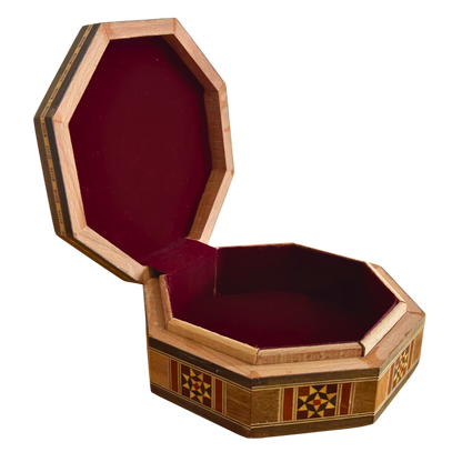 Elegante caja octogonal de mosaico damasceno – Artesanía en madera con incrustación de nácar