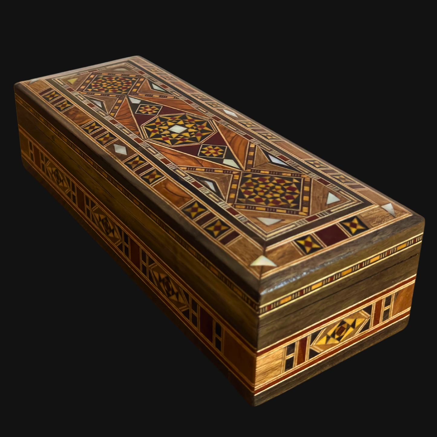 Caja alargada artesanal de mosaico damasceno para bolígrafos y joyas, con incrustación de nácar, artesanía oriental siria