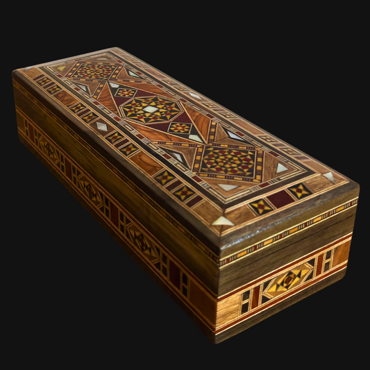 Caja alargada artesanal de mosaico damasceno para bolígrafos y joyas, con incrustación de nácar, artesanía oriental siria