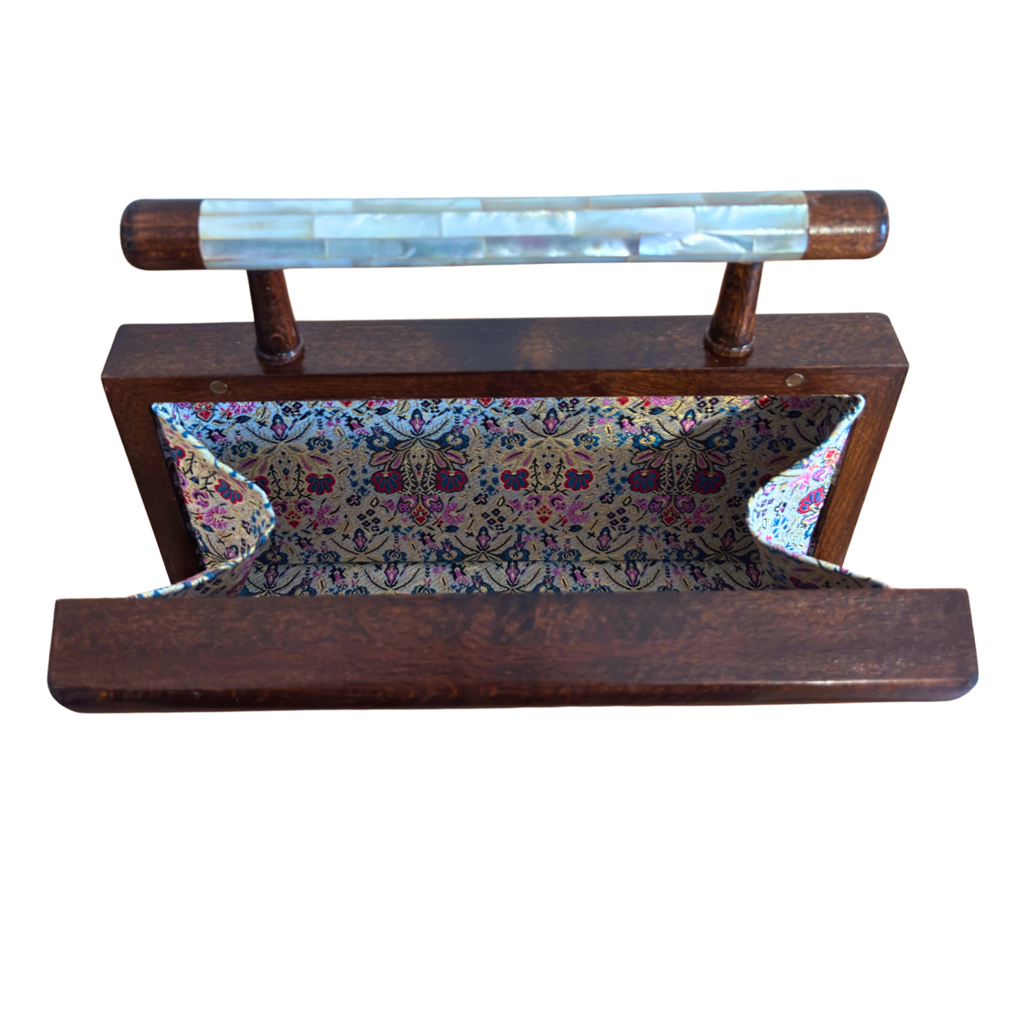Le Jasmin de Damas – Pochette Damasquine en Noyer avec Incrustations de Nacre et Doublure en Brocart