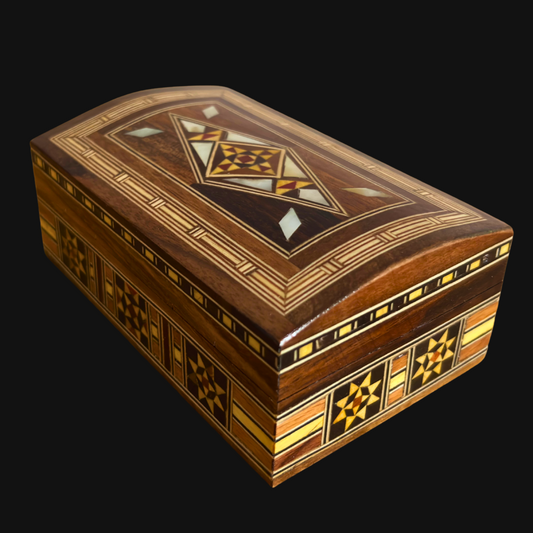 Caja de joyas damascena artesanal con incrustaciones de nácar – Lujoso cofre de madera para recuerdos
