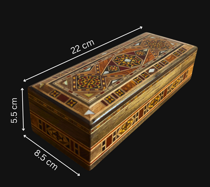 Caja alargada artesanal de mosaico damasceno para bolígrafos y joyas, con incrustación de nácar, artesanía oriental siria