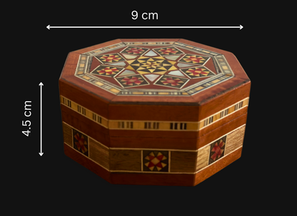 Caja octogonal de mosaico damasceno para joyas – Madera artesanal con incrustaciones de nácar en cálido terracota rústico