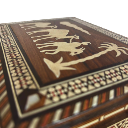 Caja vintage de mosaico damasceno de los años 70, diseño de camello, caja artesanal siria para recuerdos