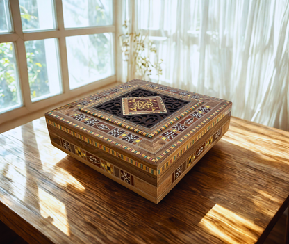 Caja Grande de Mosaico Damasceno – Cofre Cuadrado de Joyería Hecho a Mano con Incrustaciones de Madera Fina y Interior de Terciopelo