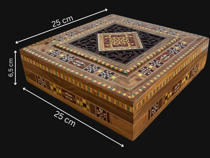 Caja Grande de Mosaico Damasceno – Cofre Cuadrado de Joyería Hecho a Mano con Incrustaciones de Madera Fina y Interior de Terciopelo