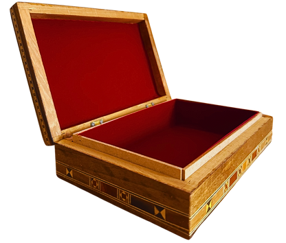 Elegante caja de joyas damasquina rectangular – Hecha a mano con madera de haya, eucalipto y limonero